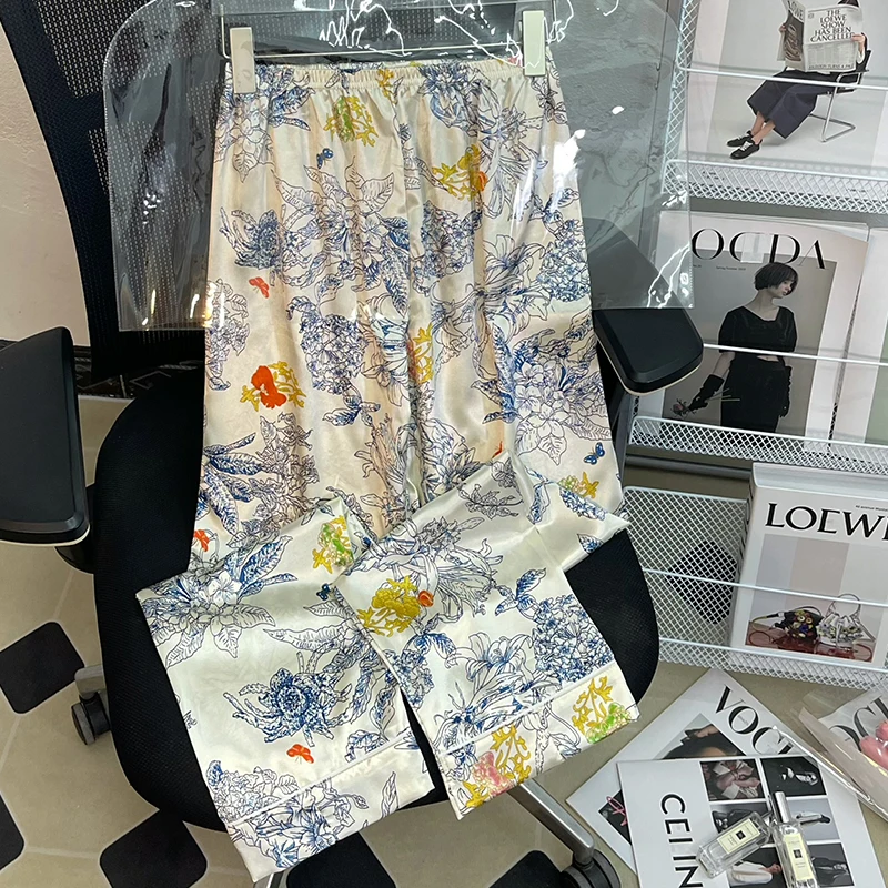 Light Luxury Spring and Summer New Silky Pajamas Women Monet Flowers Senior Sense of Long-sleeved Cardigan Temperament Homewear