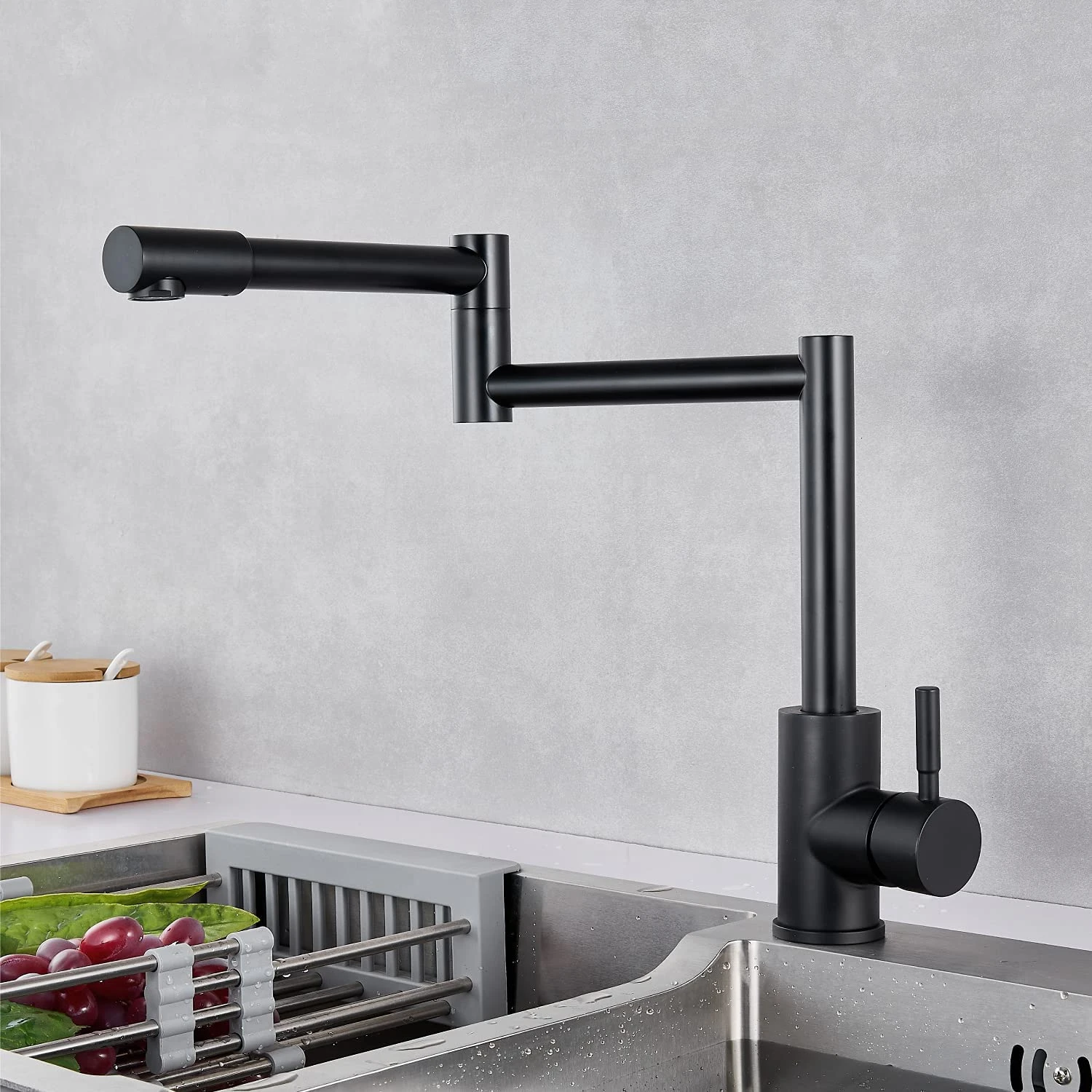 Contemporary Unique Stainless Steel Matte Black Kitchen Tap Mixer Pull Out Folding Universal Rotation Kitchen Faucet