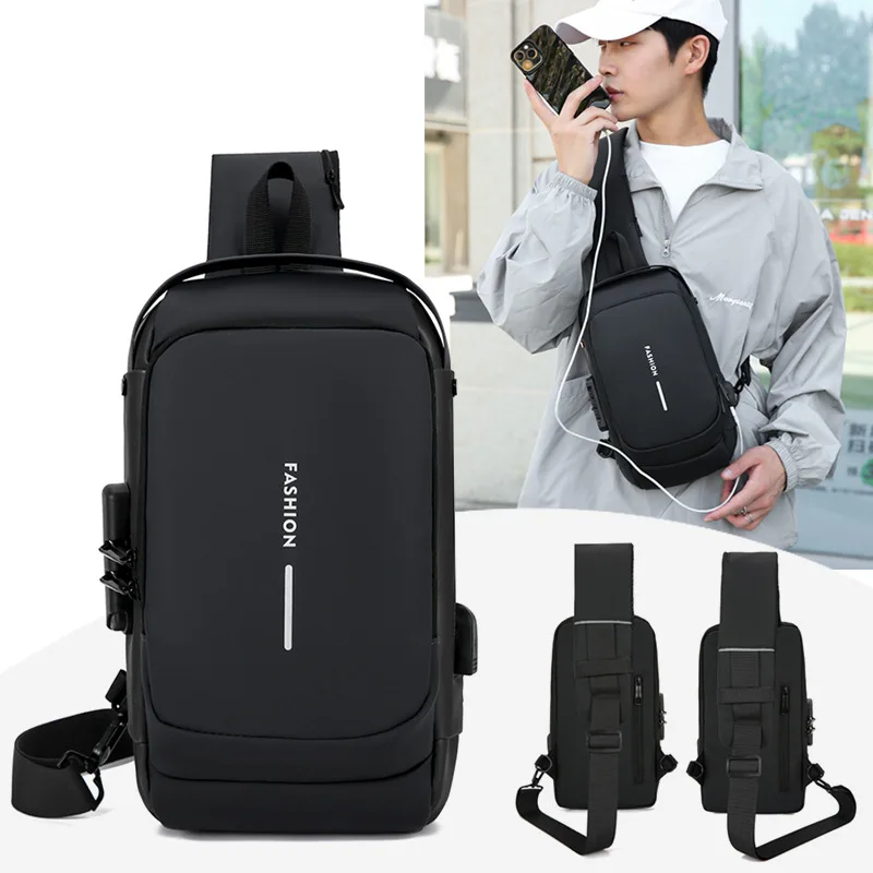 High Quality Men Messenger Cell Phone Crossbody Bag Leather Anti-Theft with Zipper USB chest Bags