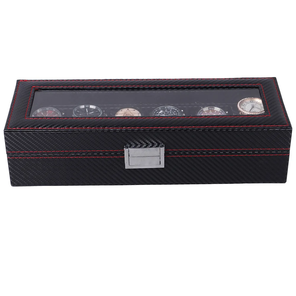 Yiwu Wholesale Watch Box 6 Slots Carbon Leather High-grade Watch Packing case Black Transparent Window Watch Display Box
