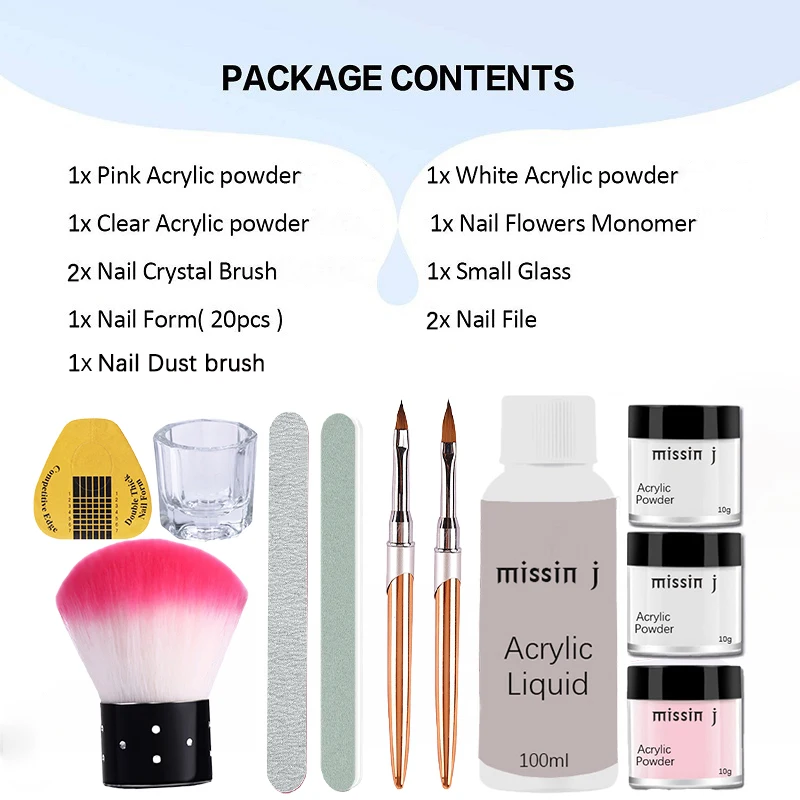 MSJ Acrylic Nail Kit Acrylic Powder and Monomer Liquid Set with Nail Brush Clear Pink White Acrylic Powder for Nails Extension