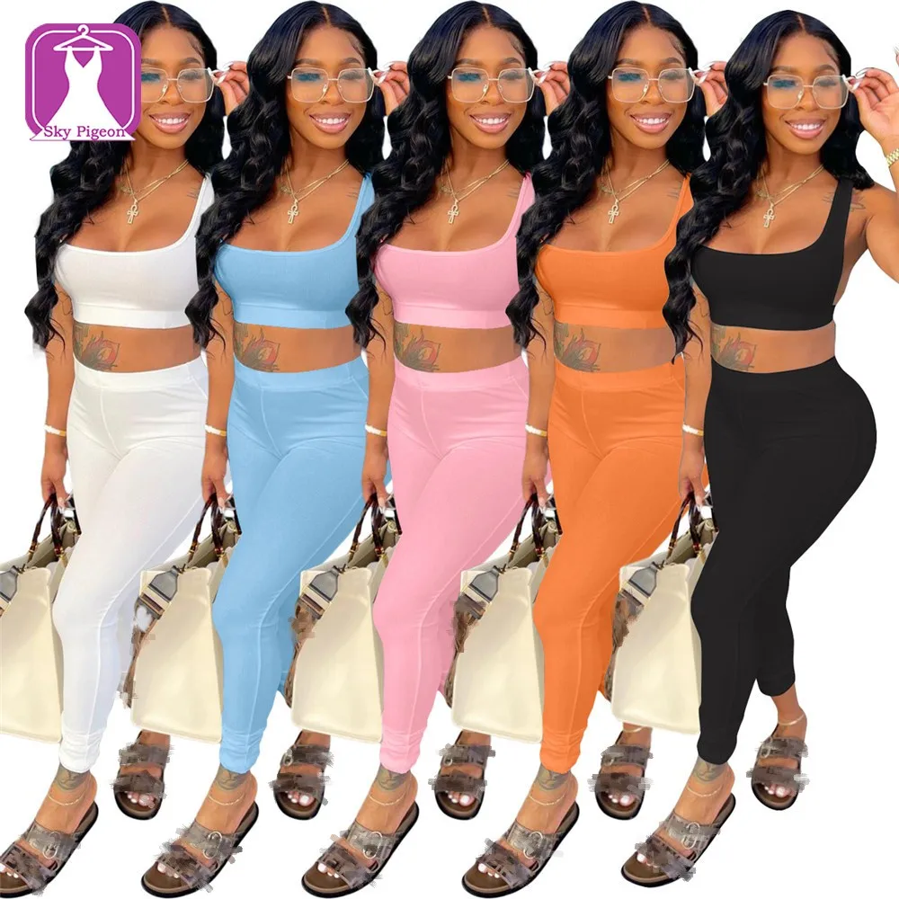 Summer Outfit Two Piece Set Solid Color Casual Sleeveless Backless Vest Crop Top Slim Pants 2 Piece Set Women