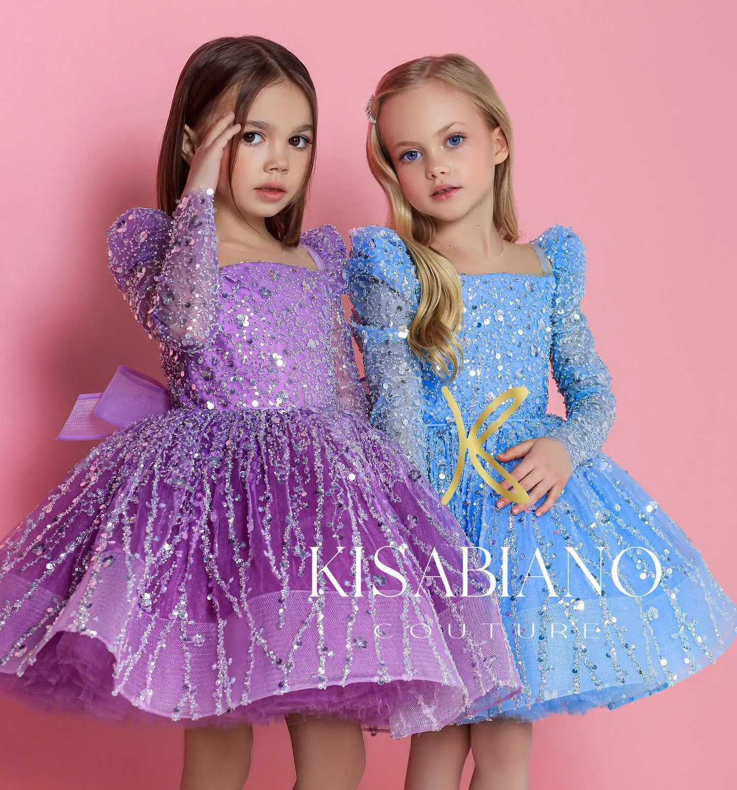 Long Sleeves Crystal Beaded Tulle Wedding Flower Girl Dress Princess Birthday Party Dress