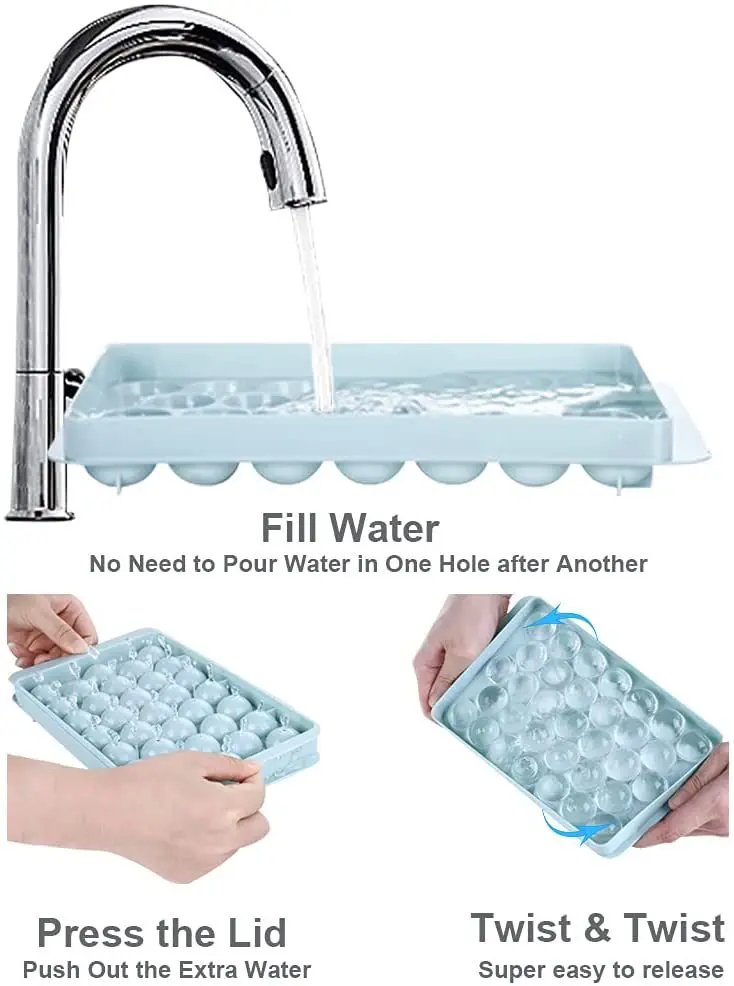 RAYBIN Round United Big Diamond Silicone Ice Cube Ball Tray Molds 3 Pack With Lids and Bpa Free