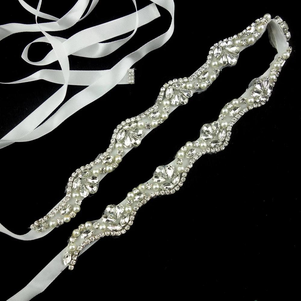  Женский узкий свадебный пояс с кристаллами и жемчугом 2 см серебряный со стразами 1 атласный ленточный для невесты