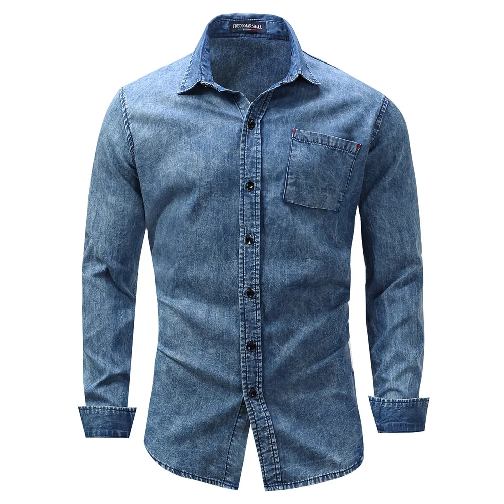 Hot Sale Formal Style 100% Cotton Slim Long Sleeve Business Denim Jean Shirt For Mens