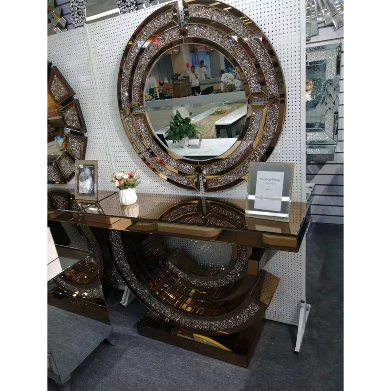 Hot sale European style glass and brown MDF console table with round mirror for home furniture