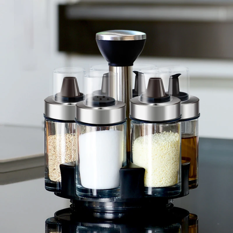 Kitchen Olive Oil Dispenser Salt Pepper Shakers Cruet Bottle 6 Set Glass Condiment Rotating Holder