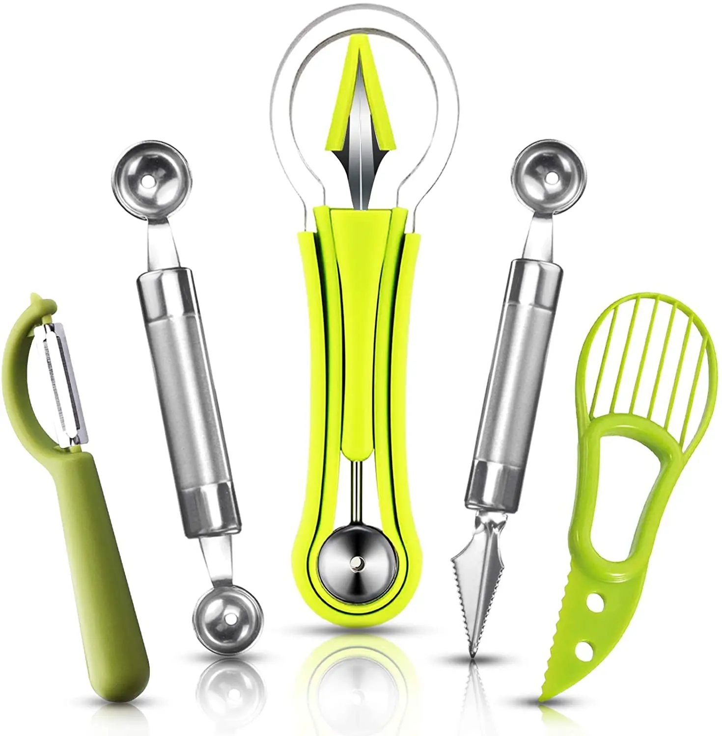 5Pcs Double Sided Melon Baller Scoop Set 4 in 1 Fruit Scooper Seed Remover Cutter Avocado Cutter Carving Knife Fruit Slicer