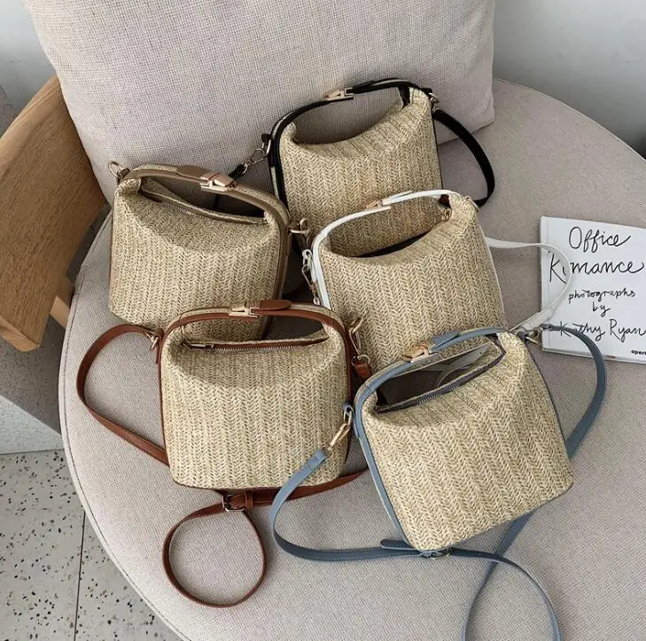 Соломенная Сумка-ведро с ручками Пляжная плетеная Сумочка Женский саквояж новый дизайн