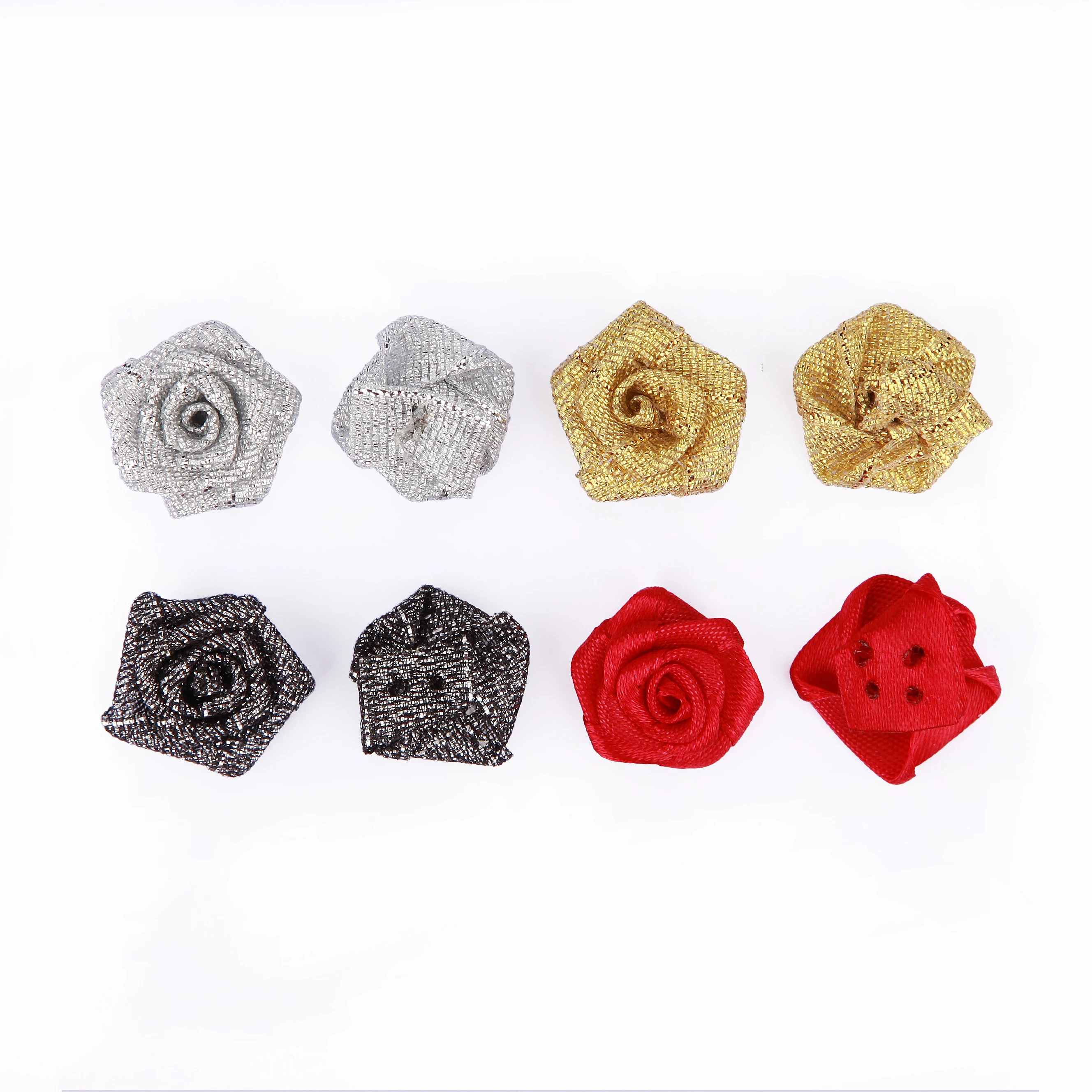 Custom Wholesale 15mm  Mini Ribbon Flowers For Dresses Gold Silver And Colorful Decorative Small Metallic Ribbon  Roses