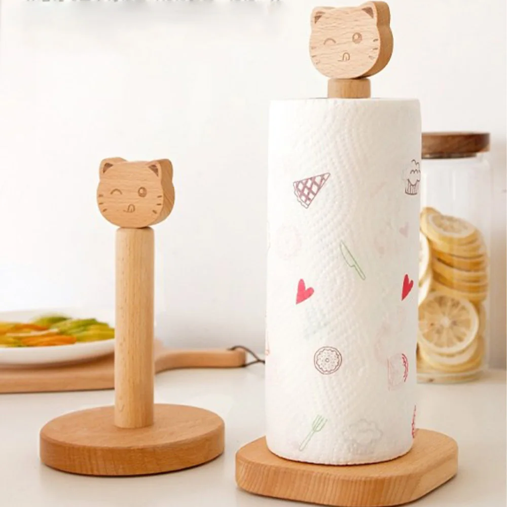 Modern Wooden Stick On Towel  Foil And Cling Wrap Tissue Napkin Standing Weighted Bottom Non Slip Flower Cat Dog Paper Holder