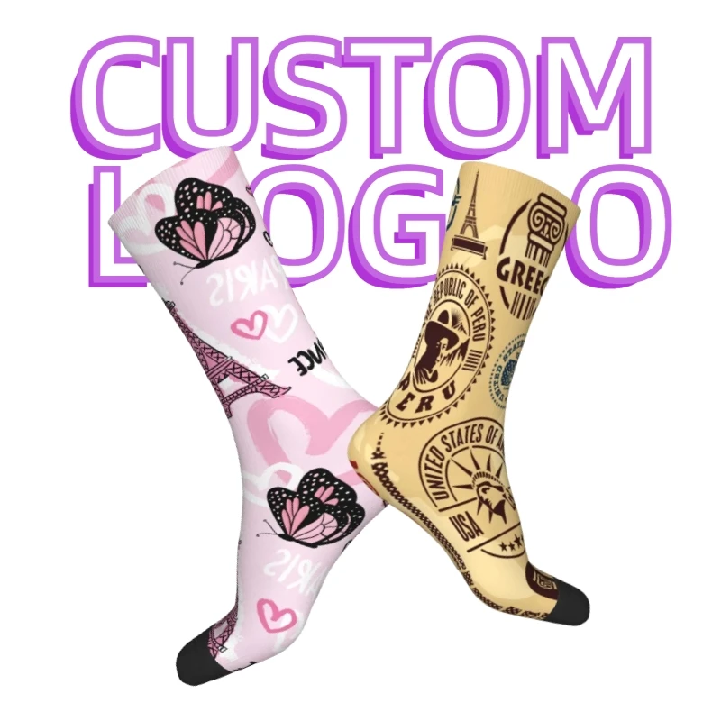 high quality unisex 3D print cotton socks custom logo Eiffel Tower crew socks breathable sports socks