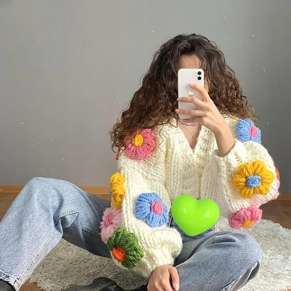 New Arrival Solid 3D Flower Pattern Long Sleeve Cardigan Top Coat Hand Knitted Ladies Crochet Sweater