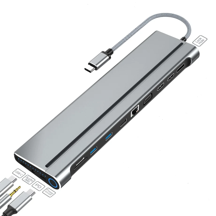 Стыковочная станция MagBac 2021 с нескользящим дисплеем, двойными противоскользящими полосками и отверстием для блокировки, USB C, с выключателем питания, двойной 4K HHDMI DP VGA