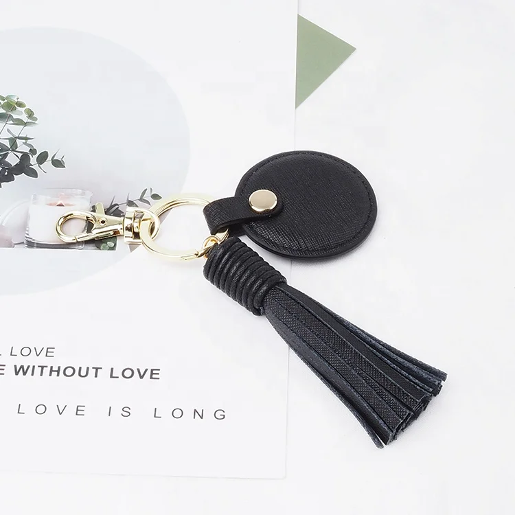 Black Saffiano Leather Circle Round Shape Keyring, Personalised Rose Gold Keychain With Tassel