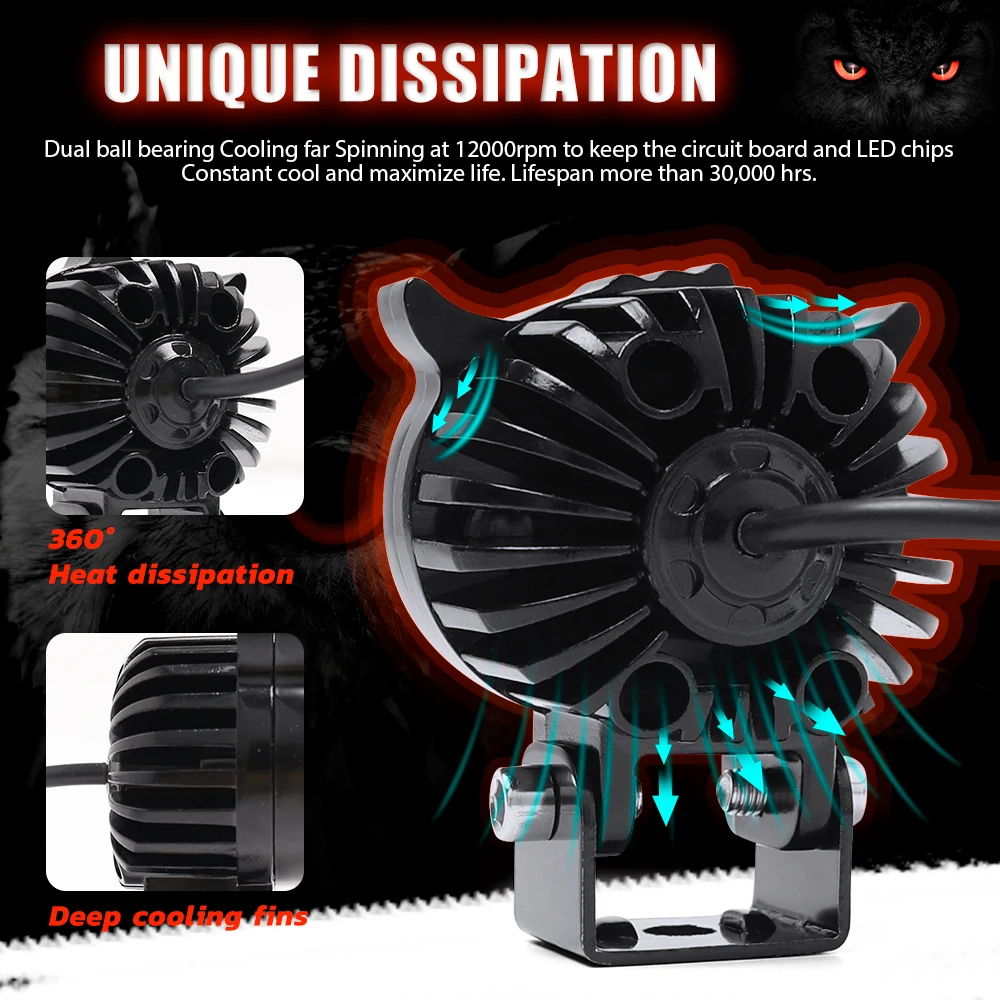 OWL 2.8' inch 12v 24v 3000LM High low beam Spot auxiliary fog light Dual Color yellow ATV UTV Mini motorcycle Led work light