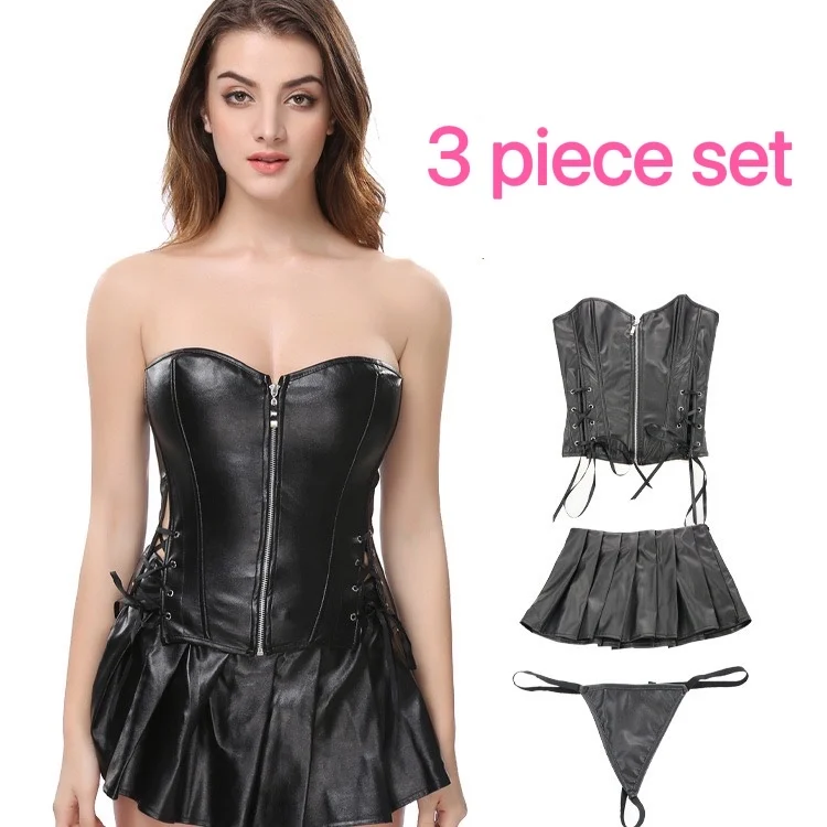 Hot Girl PU Leather Corset and Mini Skirt 3 Piece Set Party Club Sexy Punk Black Body-shaping Shapewear Plus Size Dress