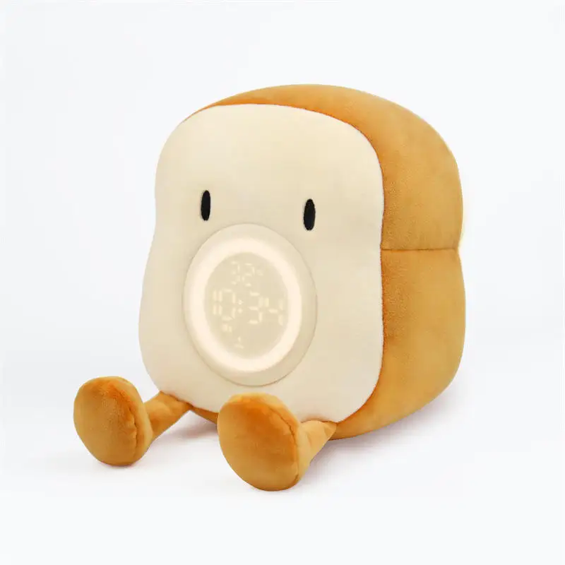 Creative Cartoon Toast Plush Fluffy Desk Table Clock Bedside Night Light Kids Sleeping Partner Alarm Clock