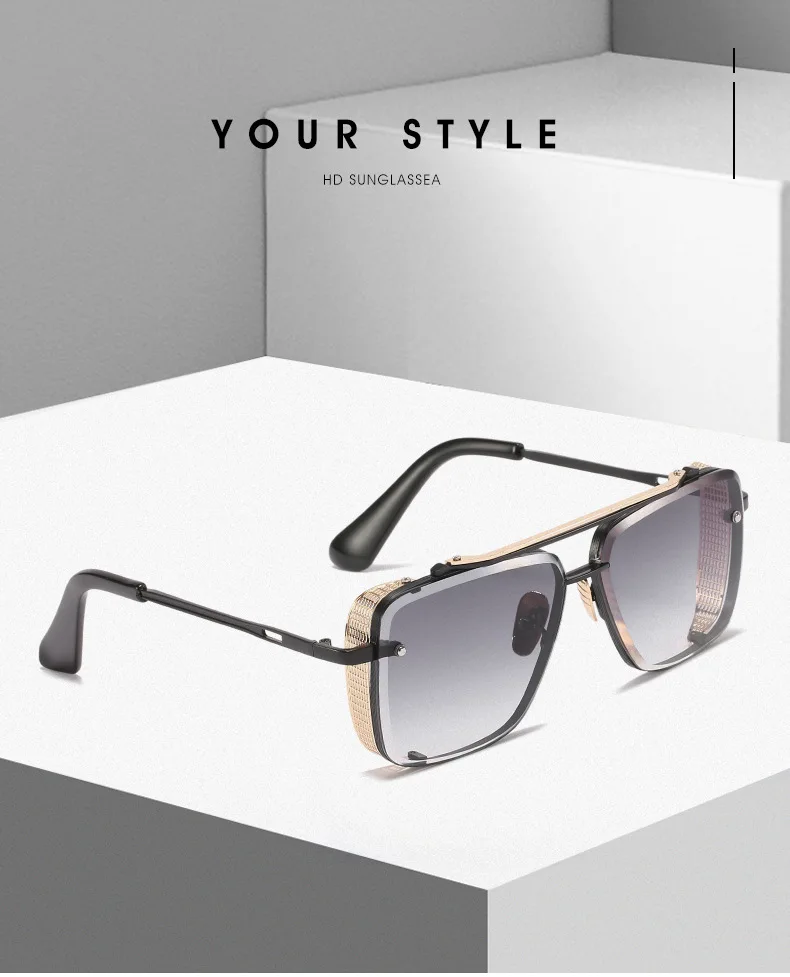 Classic Luxury High Quality Men Sunglasses Steampunk Golden Fashion Sun Glasses For Women Mirror Square Metal Flat Top Shades