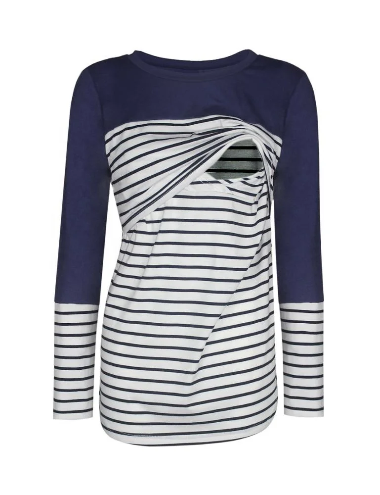 Лидер продаж, полосатая футболка с длинным рукавом и круглым вырезом для беременных женщин для грудного вскармливания