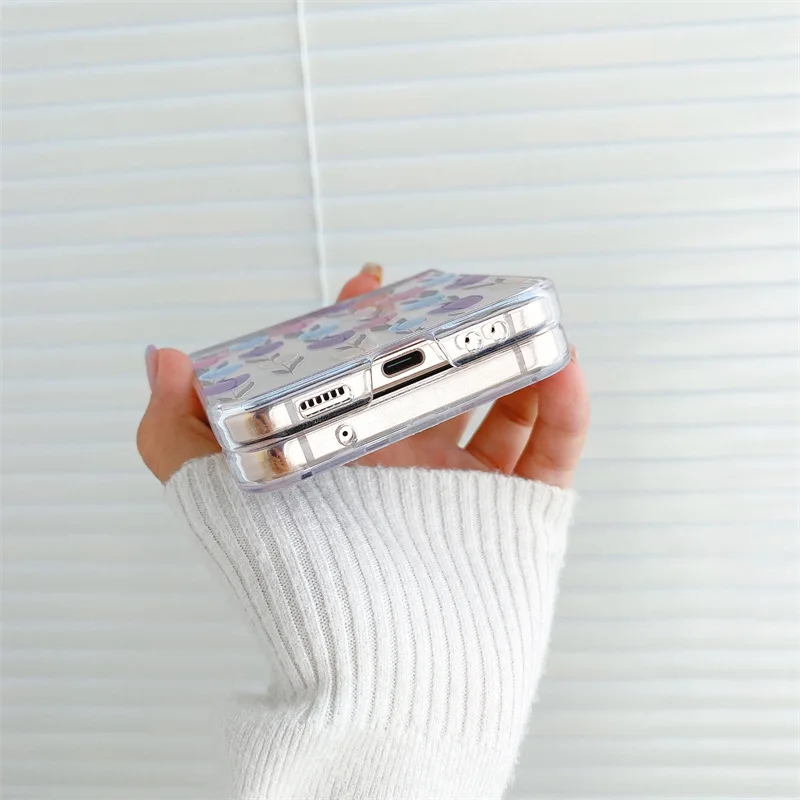 Love Flower  for Samsung Galaxy ZFlip3/4 Folding Screen Phone Case Transparent Creative P C Hard Case Chain