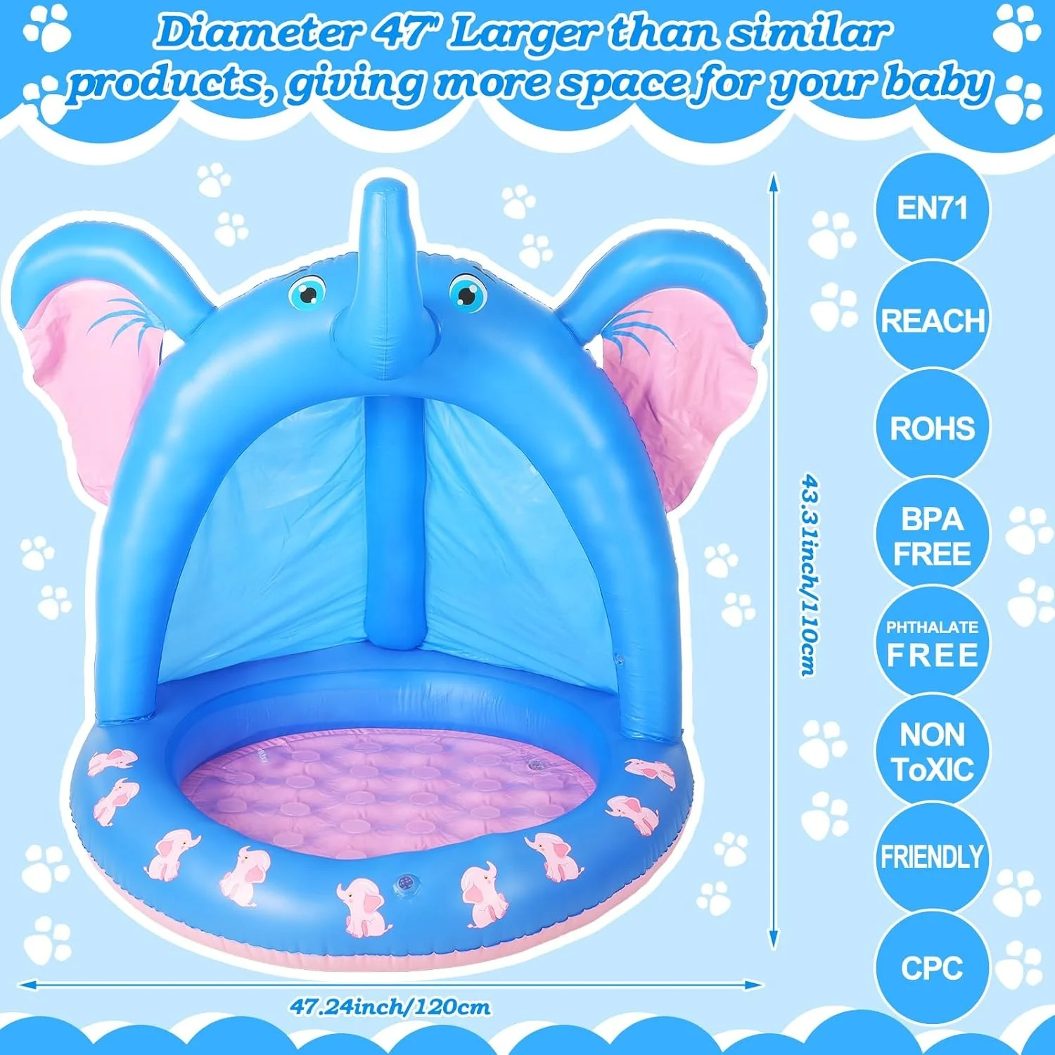 47 Inches Baby Pool with Canopy Elephant Inflatable Baby Swimming Pool with Soft Floor Bottom and  Water Sprinkler