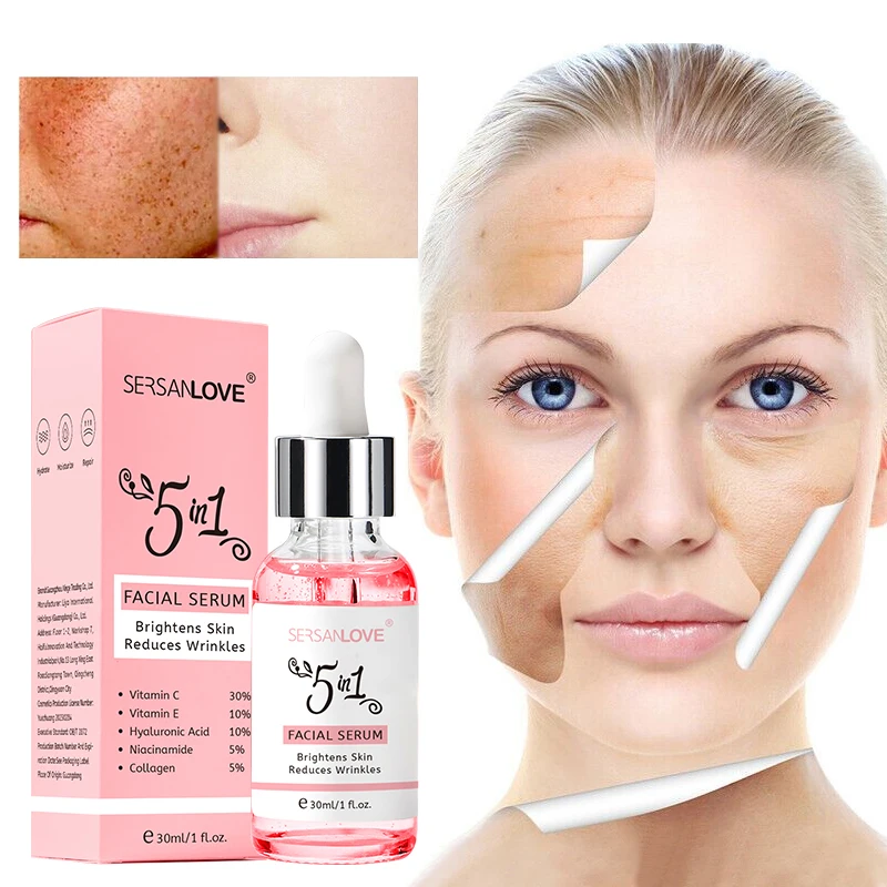 New Skin Care Serum Facial 5 in 1 Whitening Anti Age Snail Face Serum with 30% vitamin c 5% Niacinamide 10% Vitamin E Serum
