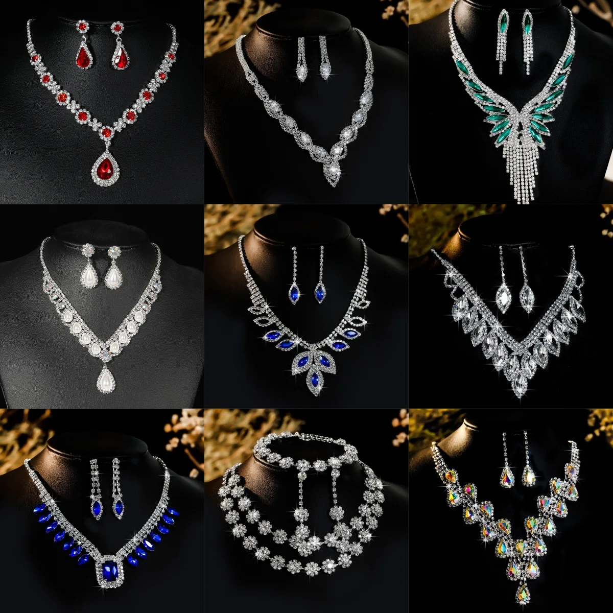Wholesale Custom Fashion Alloy Silver Larger Drop Gemstone Crystal Bridal Women Necklace Earrings Set For Gift
