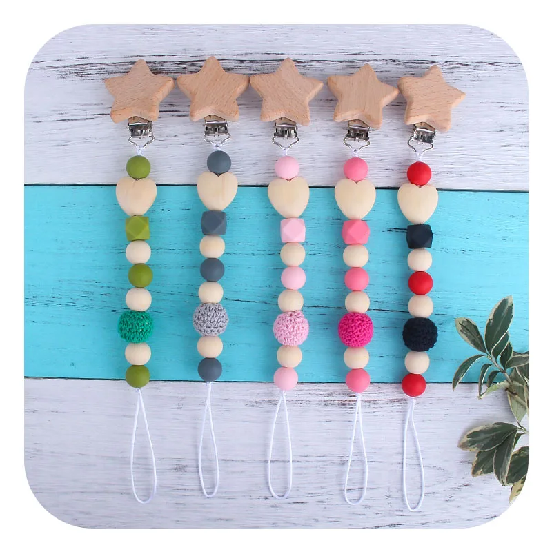 New Style 3pcs/Set Teething Crochet Beads Bracelet Wooden Pacifier Clip Chain Baby Soothe Pacifier Chain Set