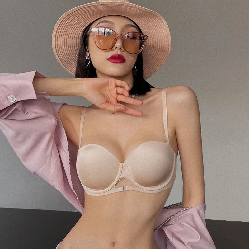 Invisible Anti-Slip Breast Lift Bandeau Bra Solid Pattern Knitted Weaving Full Support Non-Slip Convertible Straps Push-Up