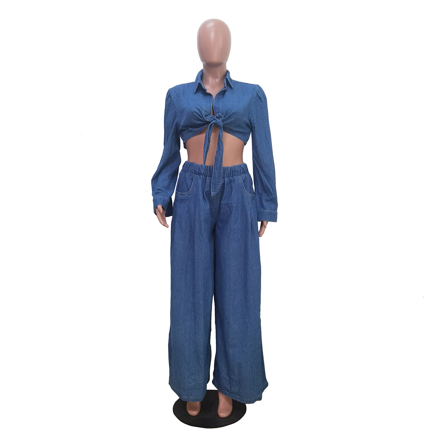 TS1314 Casual Wide Leg Pants Denim Two Piece Set