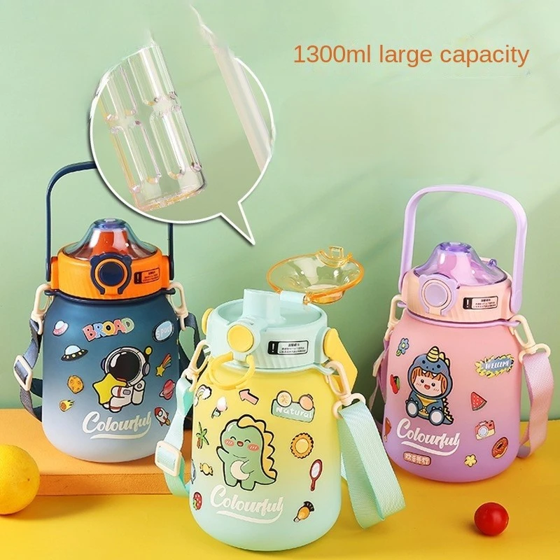 1100 1300ml Hot straw cute cartoon kids plastic water bottle with separation frosted student portable sports water bottles