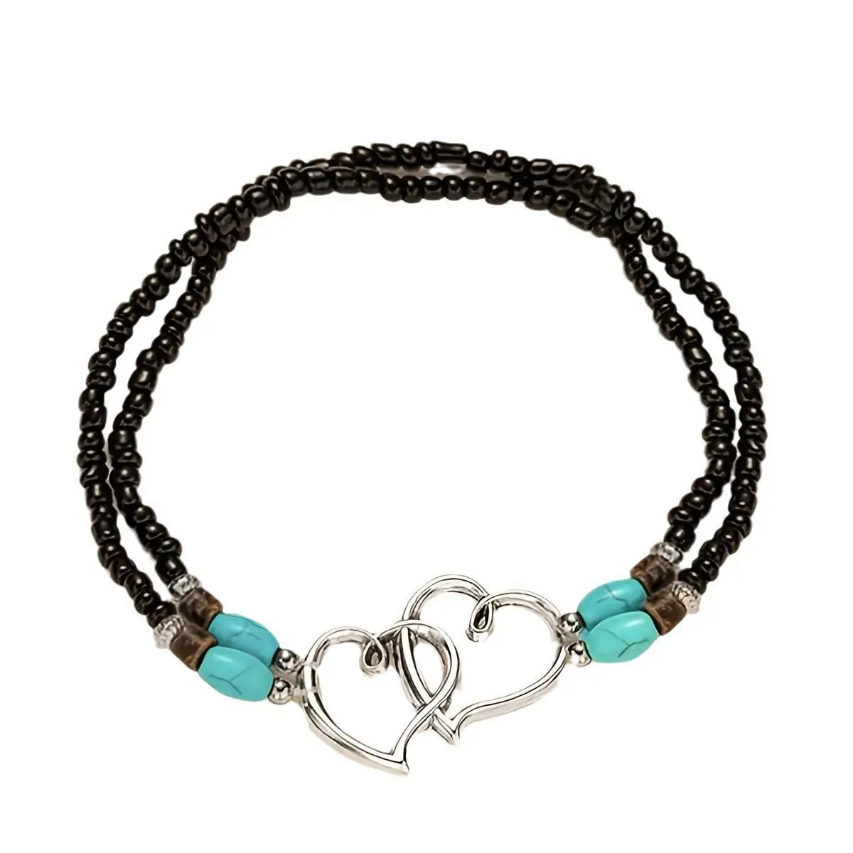 Factory Direct Sales Beach Wind Foot Fashion Pop Stack love Rice Bead Anklet Heart to Heart Turquoise 2 Heart Beaded Anklet