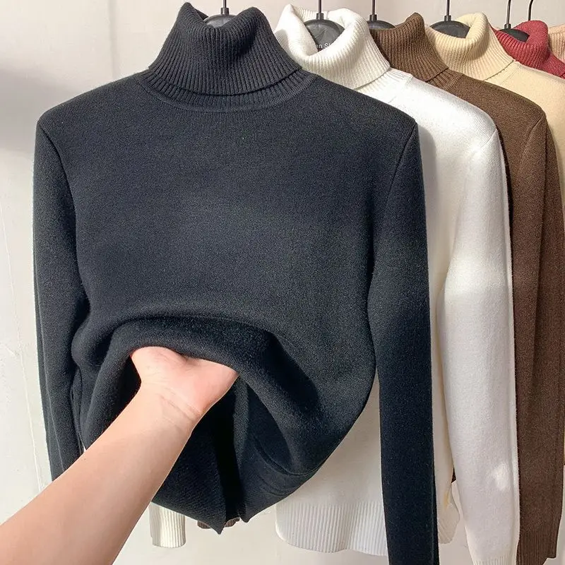 PASUXI Winter Turtleneck Sweater Women Keep Warm Fleece Lined Knitted Pullovers Fashion Velvet Basic Slim Knitwear Jumper Tops