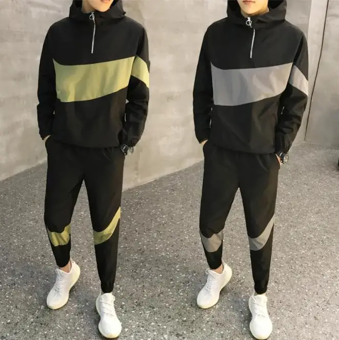 Модный мужской спортивный костюм с капюшоном, лоскутный повседневный комплект из двух предметов с длинным рукавом