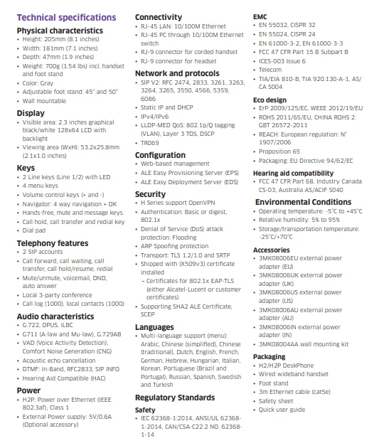 HD audio quality Dedicated Headset port RJ9 Headset Connections High Quality Audio A1e H2P DeskPhone SIP Phone