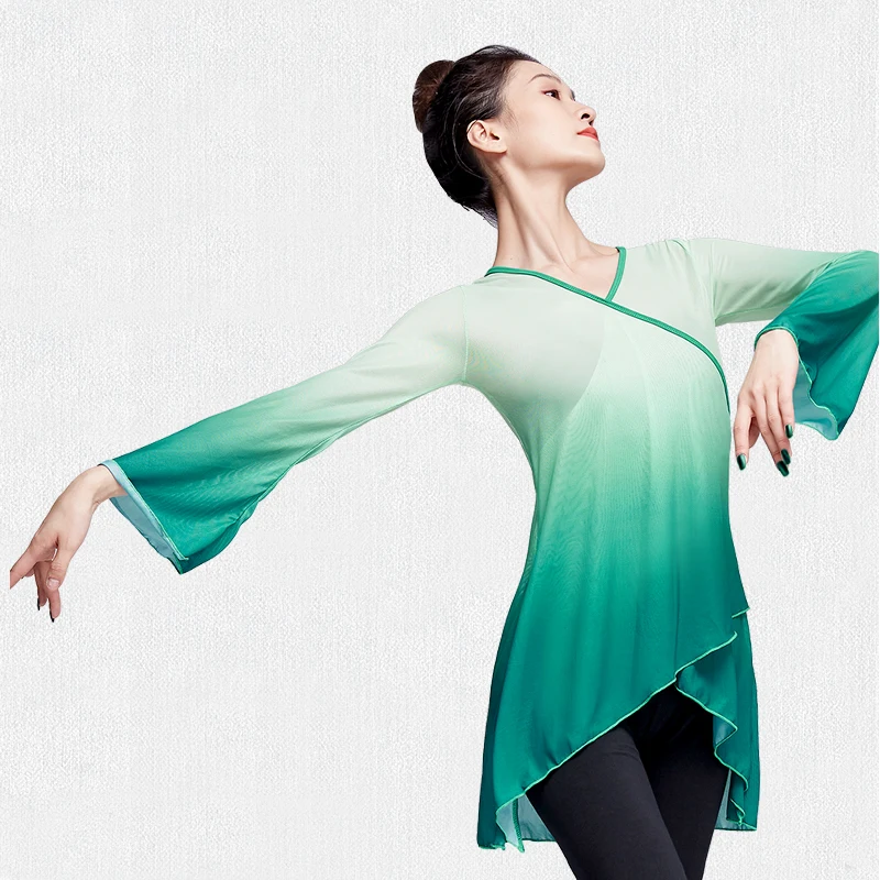 classical dance practice clothes women elegant mesh trumpet sleeve ballet tops adults national rhyme dance tops