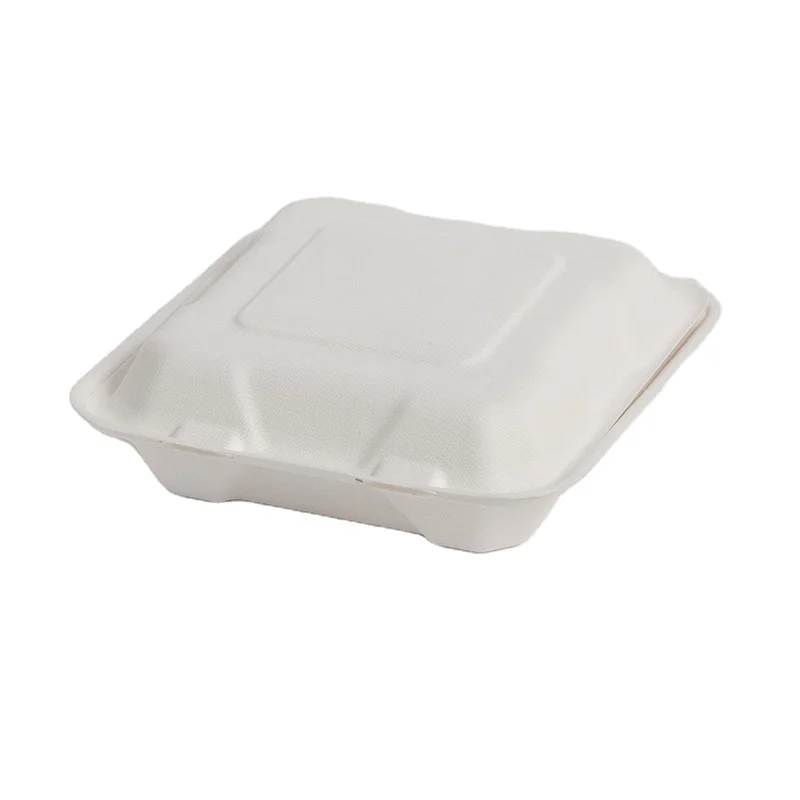 Takeout Clamshell Food Container made of Bagasse Food Container Disposable Tableware White Single Compartment