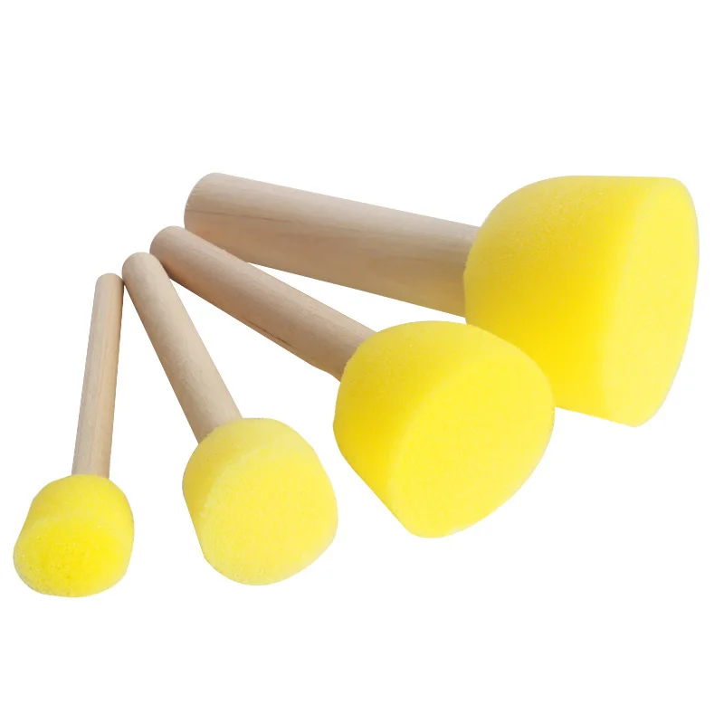 Hot selling 4pcs kids painting foam brush set yellow mushroom seal painting sponge brush with wooden handle