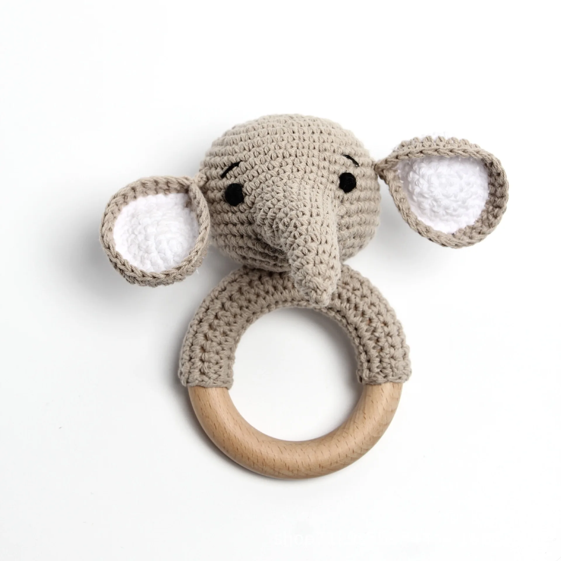 Handmade Organic Cotton Wooden Ring Baby Christmas Sensory Toy Soft Bear and Bunny Shaped Soothing Rattle Wholesale