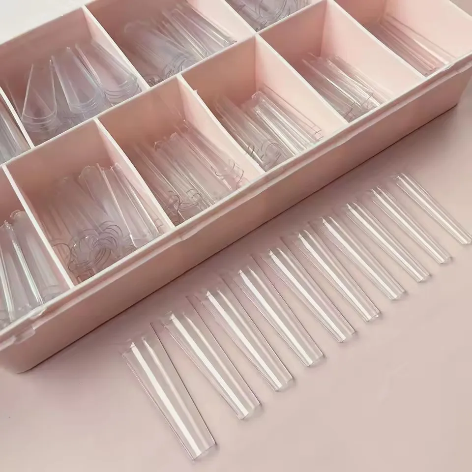 500pcs/400pcs Custom Tapered Clear Long XXXL No C Curve Straight Coffin French Nail Tips With Pink Box