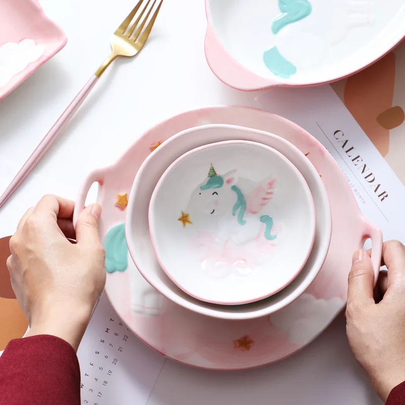 Мультяшные тарелки для столовой посуды, креативный набор керамической посуды с ручной росписью, единорог, миска для риса, ложка, тарелка, бытовые столовые приборы