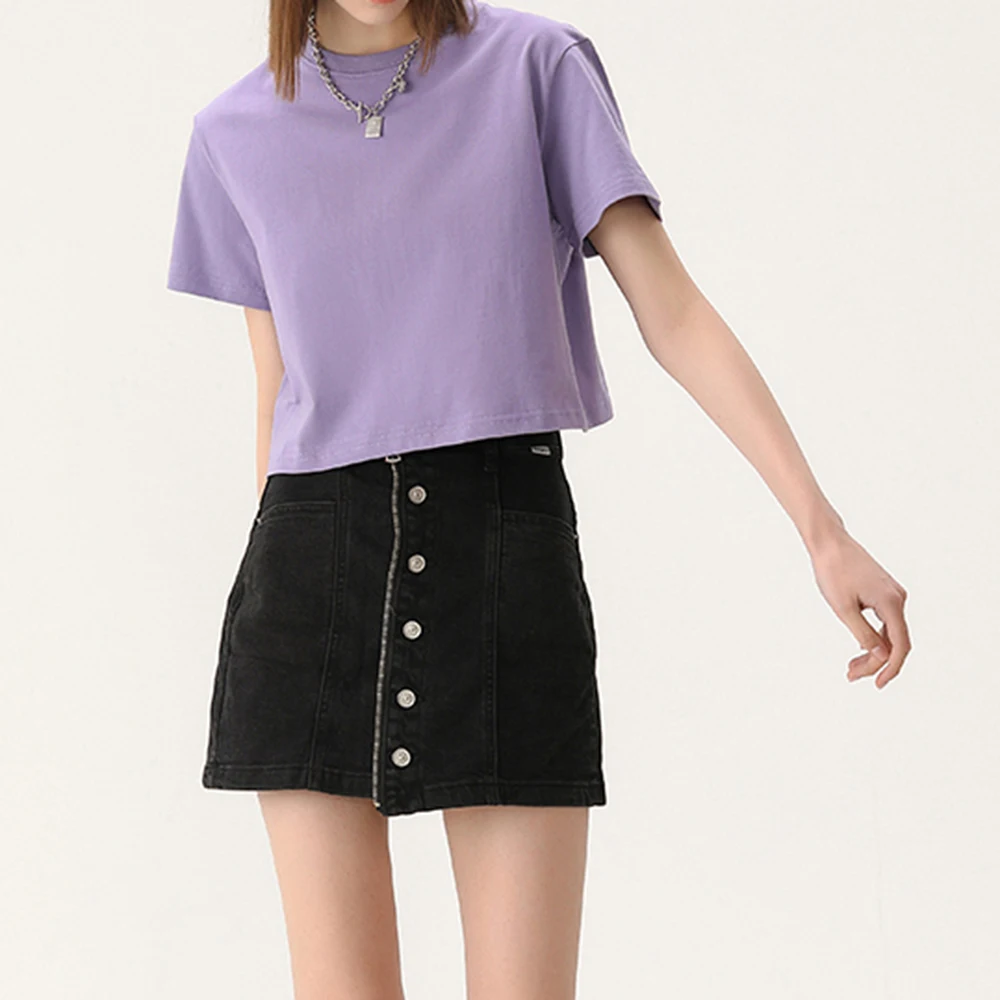 Summer 100%  Cotton Sexy Casual Acid Wash Retro Embroidery Print Short Navel Cropped Crop Tops For Women Crop Top T-Shirt