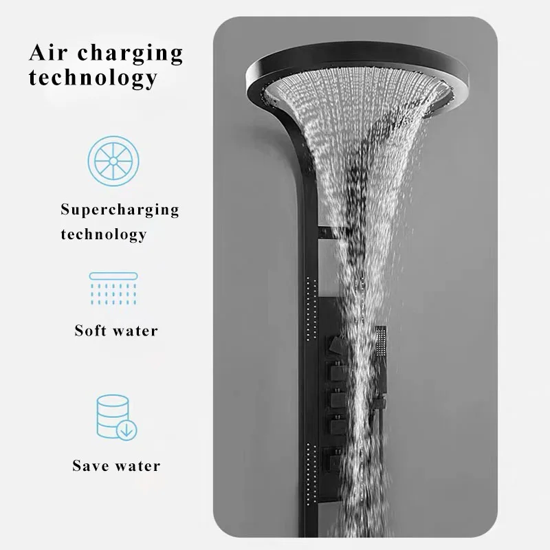 New Smart Black Multifunction Bathroom shower panel luxuriant Waterfall Rainfall Shower Panel Luxury Shower Massage Panel