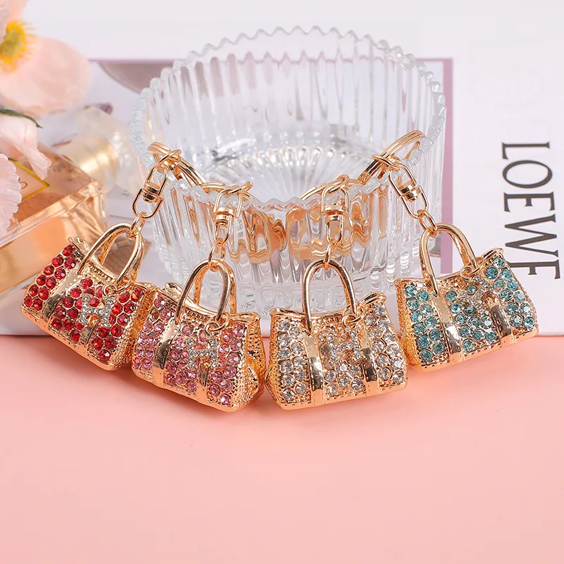 Hot Sale Creative Fashion Car Diamond-Encrusted Metal Keychain for Women Men Bags Pendant Handbag Rhinestone Key Ring Party Gift