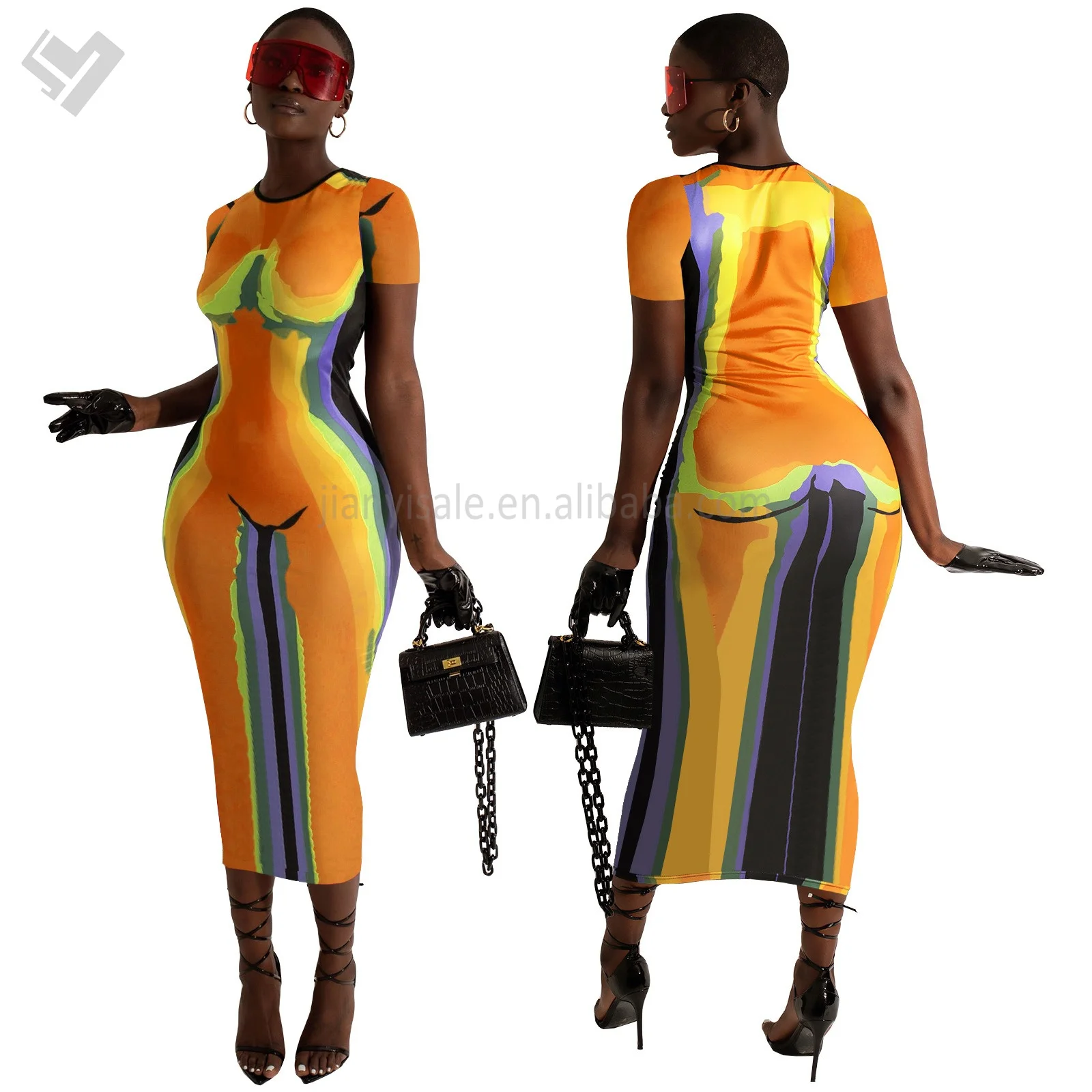 New Arrival 2024 Positioning Printed Round Neck Short Sleeved Womens Clothing Dress Party Sexy Club Bodycon Dresses