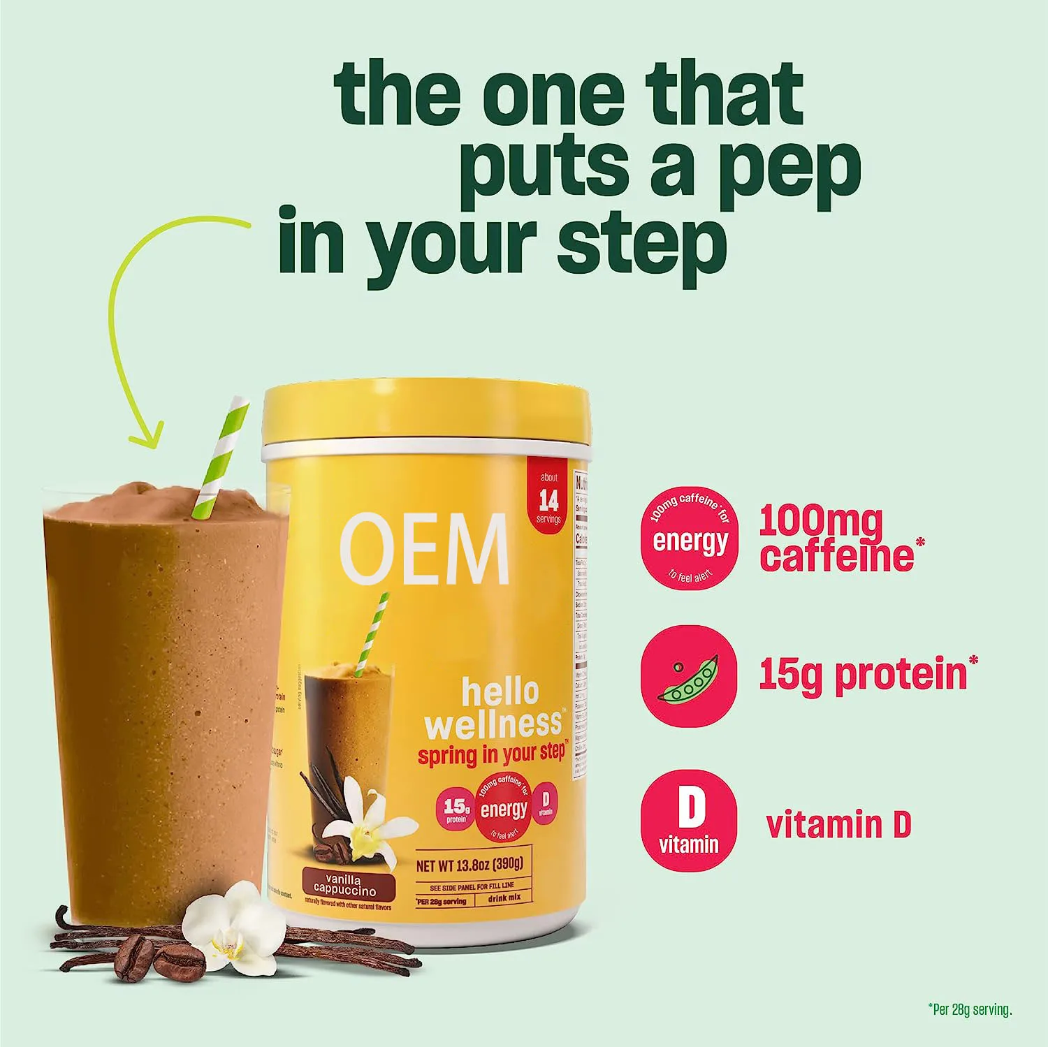 Wholesale OEM  Vegetable protein powder contains 100 mg caffeine and vitamin D for energy support of immune function