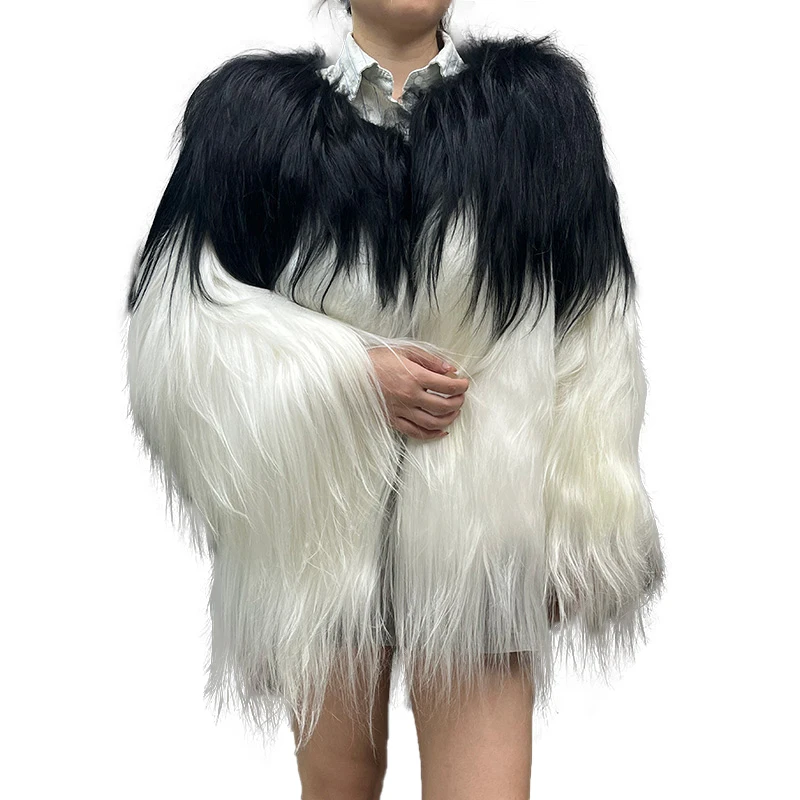 New Coming Black White Long Hair Fur Coat Women Stylish Goat Fur Coat
