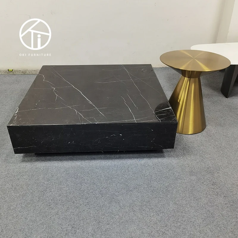Modern Living Room Furniture Natural Stone Square Coffee Table black Marble Centre Table villa luxury exclusive  coffee table